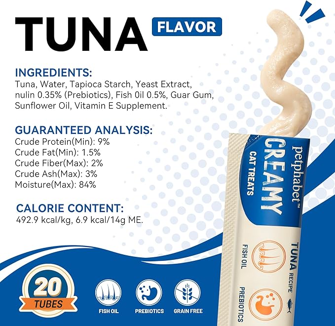 PETPHABET Lickable Cat Treats Squeeze, Creamy Puree Squeezable Wet Kitten Treats, Tuna Recipe 20 Tubes, Paste Snacks for Skin & Coat Health, Digestive Care, High Protein, Grain Free