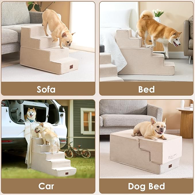 EHEYCIGA Dog Stairs for Small Dogs 13.5" H, 3-Step Dog Steps for Couch Sofa and Chair, Pet Steps for Medium Cats, Non-Slip Balanced Pet Ramp Indoor, Beige