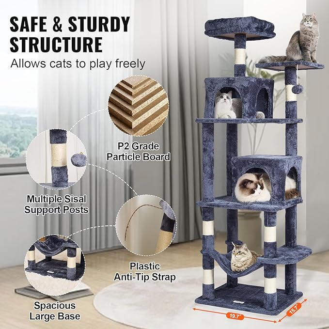 VEVOR Cat Tree for Indoor Cats, 63" Cat Tower with 2 Cat Condos, Sisal Scratching Post, Hammock, Top Perch, Jumping Platforms, Large Cat Furniture Activity Center with Hang Ball, Dark Grey