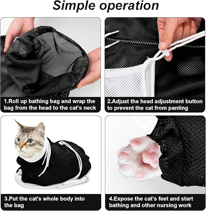 Cat Bathing Bag, Breathable Mesh Cat Shower Bag Anti Scratch Adjustable Grooming Bag for Nail Trimming Polyester Soft Washing Bag