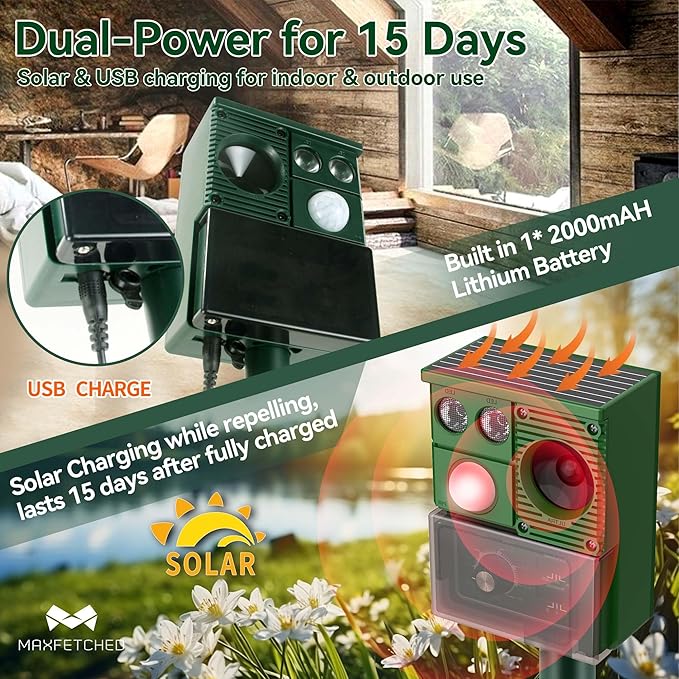 Solar Animal Repellent, 3-in-1 Squirrel Repellent Cat Deer Raccoon Rodent Repellent Ultrasonic Outdoor, Pest Repeller with Motion Activated for Yard Lawn Attic, Dog Skunk Bird Deterrent
