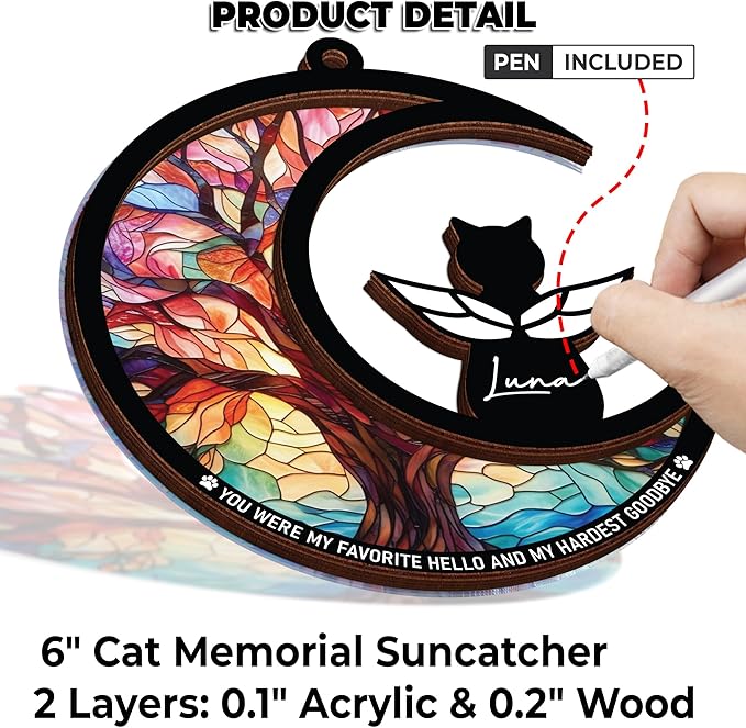 6" DIY Cat Memorial Suncatcher – 4-in-1 Cat Memorial Gifts for Loss of Cats, Pet Remembrance Gifts | Loss of Cats Sympathy Gift with Ornament, Keychain & Sympathy Card PS191
