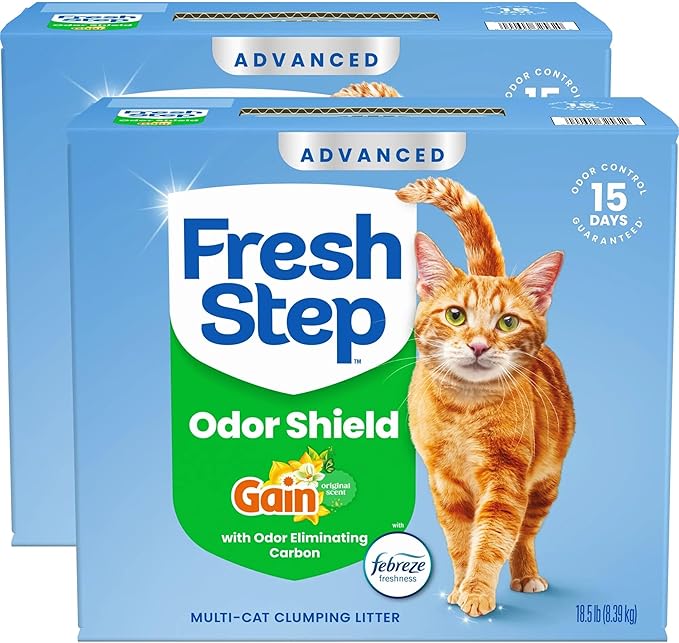 Fresh Step Odor Shield Advanced Multi Cat Clumping Litter with Febreze Freshness, Gain Original Scent, 18.5 lb Each, Pack of 2 (Package May Vary)