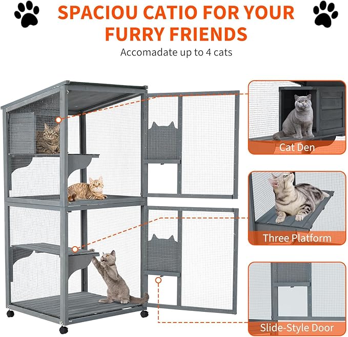 Cat Patio Enclosure, 69" Large Indoor Outdoor Catio Cage with Waterproof Roof, Lockable Wheels, Resting Cabin & Platforms for Multi-Cat Families, Weatherproof Catios