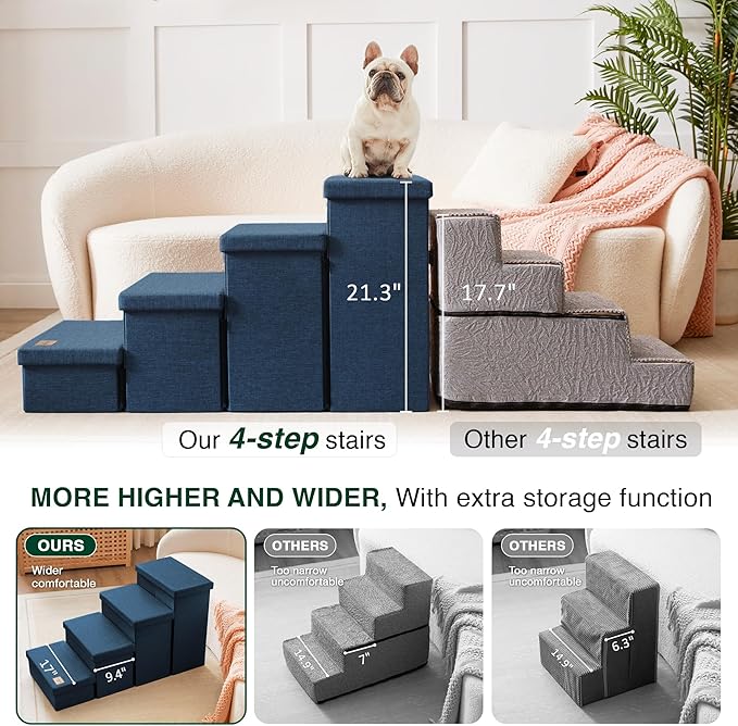 Love's cabin Dog Stairs for Small Medium or Large Dogs with Storage and Adjustable Steps, Foldable Cat Steps for Bed or Couch, 4-Step Folding Ramp with Zip up to 200 lbs, Navy Blue