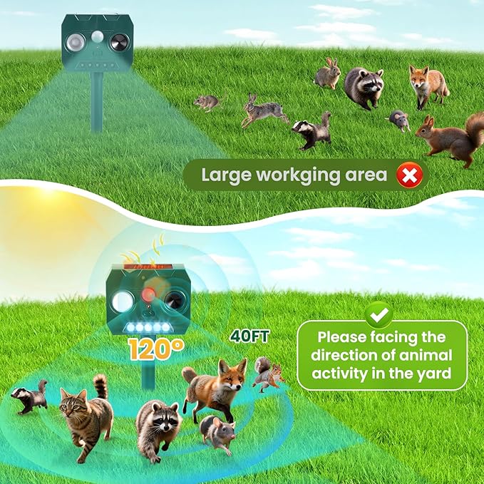 Solar Ultrasonic Animal Repellent Outdoor, 2 Pack Cat Squirrel Raccoon Bird Dog Deer Repellent Devices with PIR Motion Sensor ＆ LED Flash, Waterproof Animal Deterrent for Garden Yard Farm