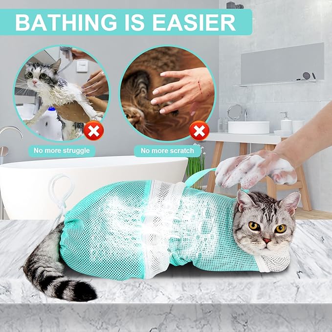 Cat Bathing Bag - Adjustable Cat Washing Net Anti-bite & Anti-Scratch Cat Shower Restraint Bag, Breathable Mesh Cat Grooming Bag for Bath, Nail Trimming & Injection