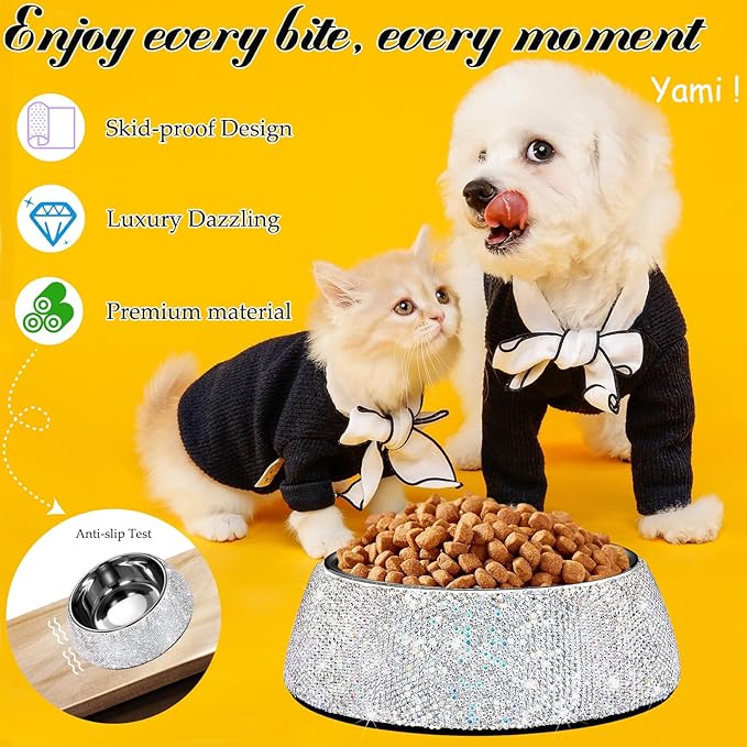 SlowVibes Bling Stainless Steel Dog Bowls,7oz Detachable Rhinestone Metal Food Water Bowl for Feeding Dogs Cats,Rust Resistant Non-Slip Puppy Dish with Gems,Sparkle Essentials for Small Girly Pets