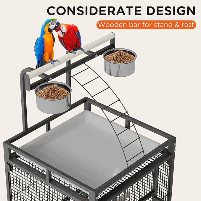60 inch Large Bird Cage with Rolling Stand, Metal Parrot Cage with Play Top & 4 Stainless Steel Bowls, Birdcage Pet House for Conure Cockatiel Parakeet Lovebird, Black