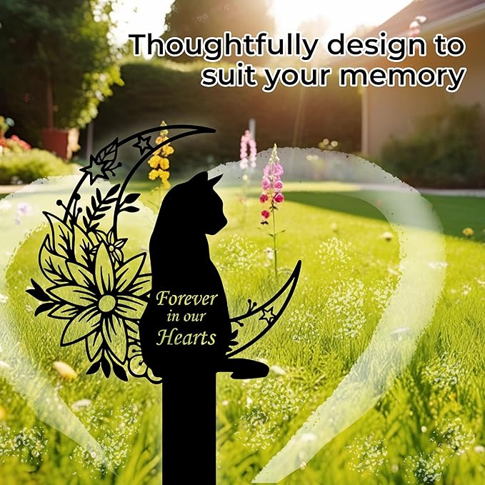 Cat Grave Marker Outdoor Memorial – 12in Metal Pet Memorial Plaque with Garden Moon Cat, Weatherproof Headstone for Yard or Indoor Tribute, Sympathy Gift for Loss of Pet