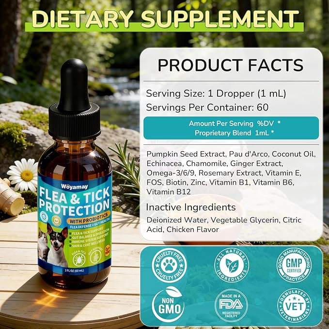 Flea Defense + Probiotic Support Drops, Natural Flea and Tick Prevention for Dogs and Cats, Cat & Dog Flea Treatment & Probiotics Drop, Dual-Function Flea Prevention Drops, Chicken Flavor
