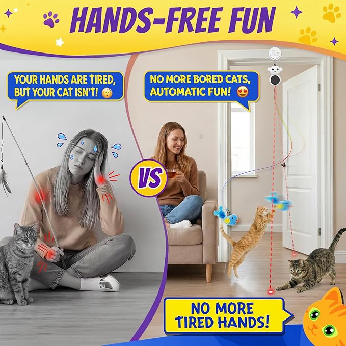 Interactive Cat Toys for Indoor Cats - 2 in 1 Automatic Laser Pointer Cat Toy with Feather Flying Bird，Smart Moving Mouse Wand Toy, Auto On/Off Hanging Toys for Bored Kitten & Adult Cats(Grey)
