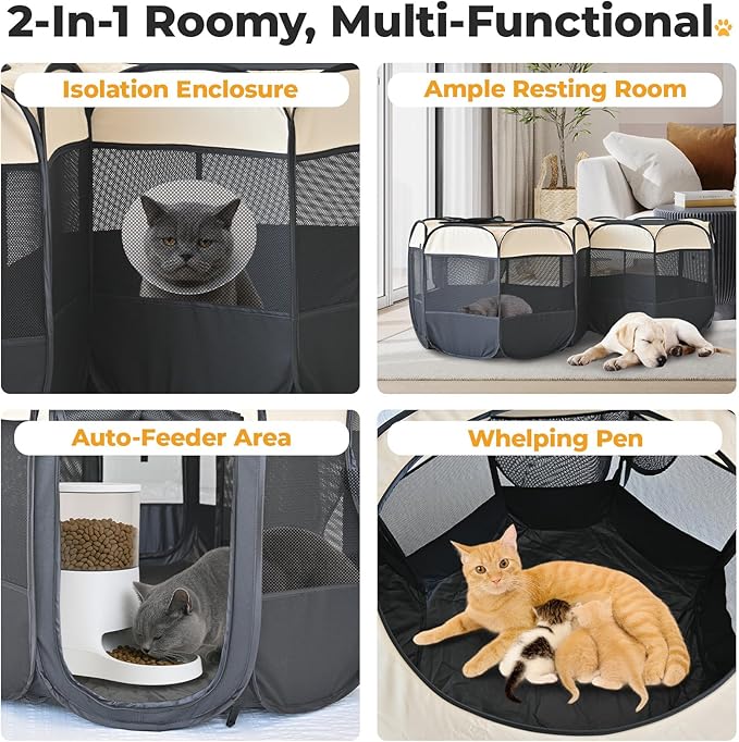 EighteenTek® 2-in-1 Pop Up Cat Playpen XLarge, Dog Puppy Pet Playpen, Indoor Outdoor Cats Enclosed, Cat Tent House Crate Cage, Portable & Foldable Playpen for Kittens(No Divider, Unified Space)