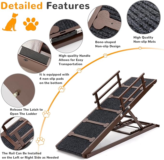 COSIEST Dog ramp for Bed, Wooden Pet Ramp Folding Portable for Couch and Bed, 64.5 Inch Long and Height Adjustable Dog ramp with Anti-Slip Grip & Safety Rails, Up to 200lbs, Brown