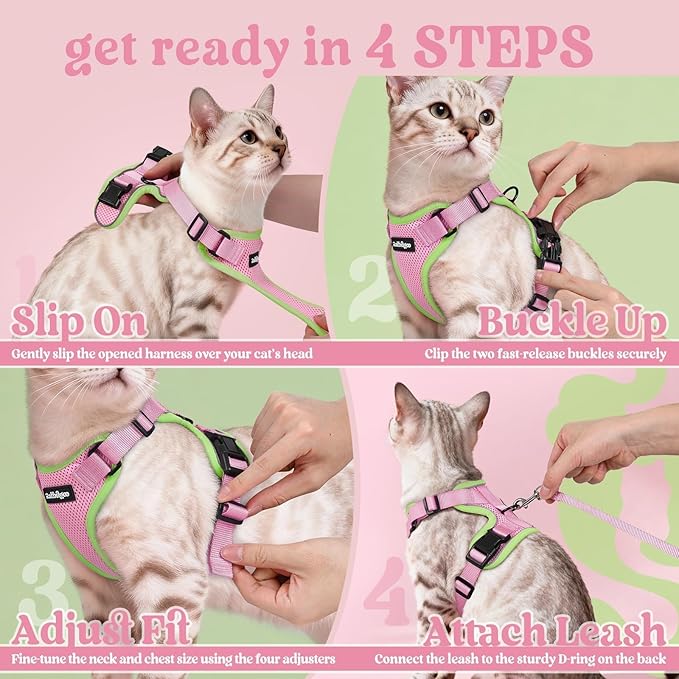 rabbitgoo Cat Harness and Leash for Walking, Escape Proof Soft Adjustable Vest Harnesses for Cats, Easy Control Breathable Reflective Strips Jacket, Pink&Light Green, XS