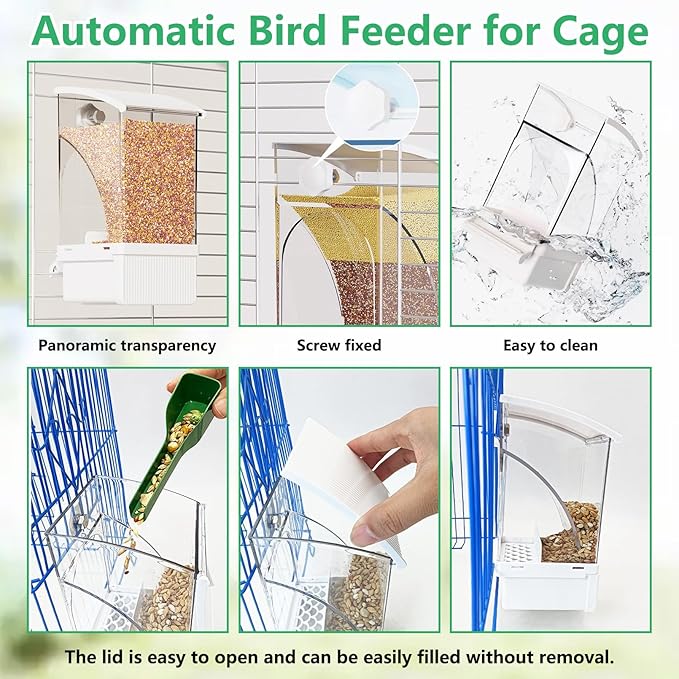 Hamiledyi 2Pcs Automatic Birds Feeder No Mess Bird Cage Feeder Transparent Acrylic Parrot Seed Food Container with Perch Bird Cage Accessories for Parakeet Finch Lovebirds Budgies Canary (White)