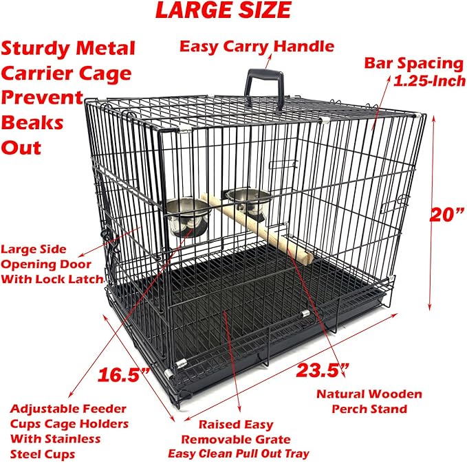 Large Durable Metal Travel or Veterinary Easy Collapsable Parrot Bird Carrier Beaks Proof Carrier Cage Easy Clean Pull Out Tray Stainless Steel Feeder Bowls Natural Wooden Perch