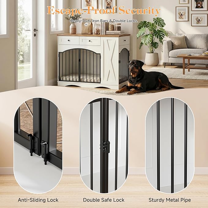 43.3" Furniture Style Dog Crate with 3 Storage Drawers, Heavy Duty Wood Pet Kennel with Removable Feeder, Modern End Table Dog House with Dual Doors for Large Dogs (41-70 lbs) (Brown)