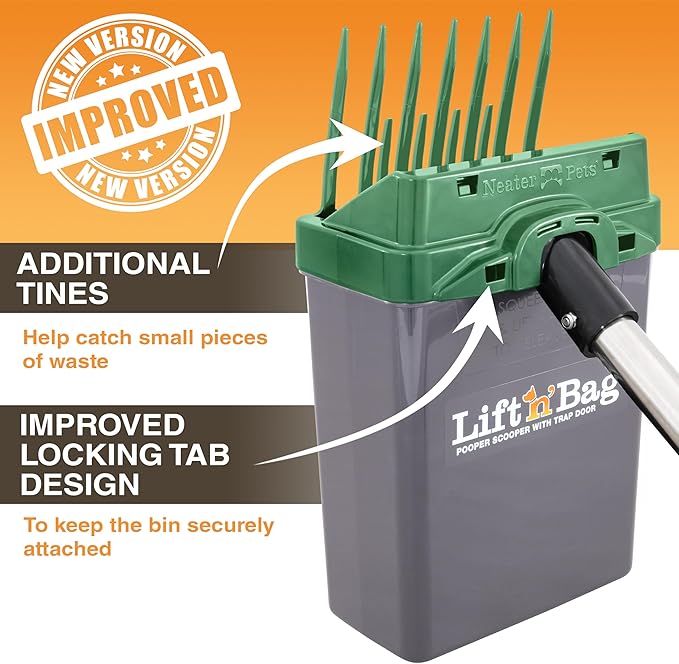 Neater Pet Brands Lift N’ Bag 2.0 Dog Pooper Scooper with Bag Attachment & 22" Pole for Small to Large Dogs, New & Improved Design, 60 Refill Bags, Heavy Duty Dog Poop Scooper for Yard, One-Hand Use