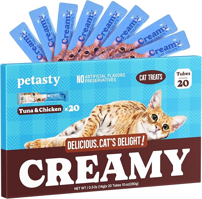 Lickable Cat Treats, High Moisture Hydrating Creamy Puree Squeeze Tubes, Tuna & Chicken, 20 Tubes 0.5oz, Grain-Free, Omega Oils & Vitamin E, Skin&Coat Health, Digestive and Immune Support