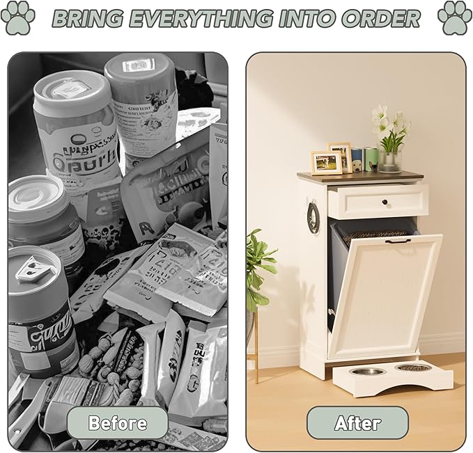 FIMELLO Dog Feeding Station, Tilt-Out Dog Food Storage Cabinet with Drawer,Pet Feeder Cabinet,White Grain