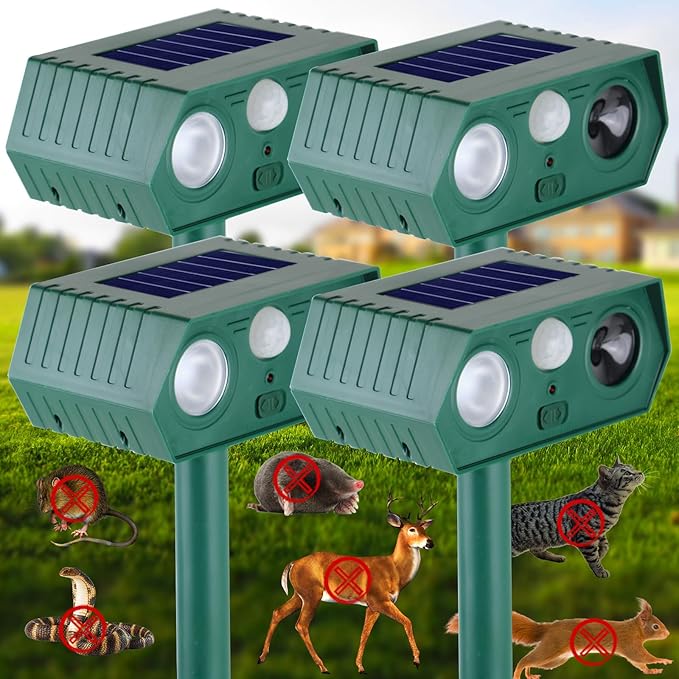 Solar Animal Repellent Outdoor, Deer Repellent, Squirrel Repellent, Ultrasonic Mouse Repellent,Cat Repellent Outdoor Etc,Devices Motion Detection Waterproof with LED Flash Lights for Yard Farm Garden