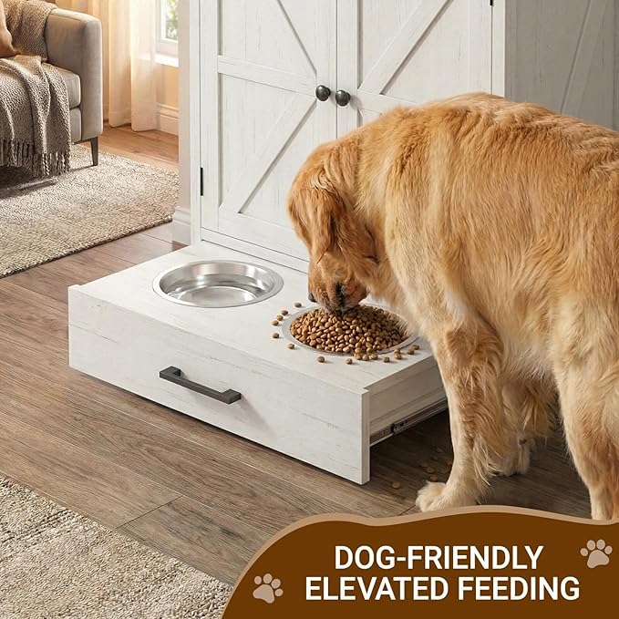 Dog Feeding Station with Storage Cabinet, Raised 2 Elevated Dog Bowls with Hidden Drawer, Pet Feeder Organizer with 3 Side Hooks, Large Capacity Dog Food Storage Cabinet