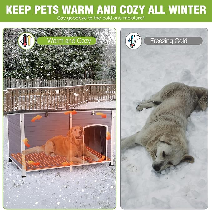 GUTINNEEN Extra Large Heated Dog House Insulated Dog Kennel with Safe Thermostat-Controlled Heating Pad, Chew-Proof Metal Frame, 6-Sided Thermal Liner for Large Dog Breeds, 59.1"x31.9"x35.4" (Grey)