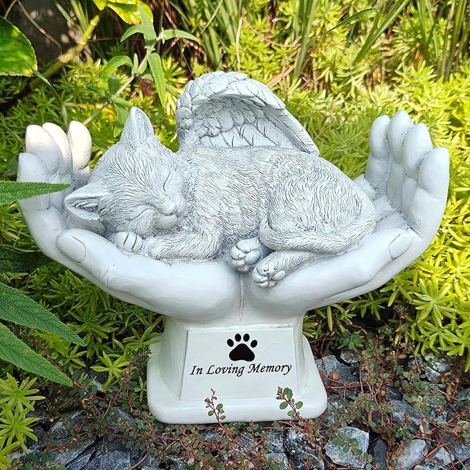 Personalized Memorial Cat Angel Tribute Statue Resting in Peace in God's Hands, Cat Passing Away Gifts, Pet Loss Gift for Cat Grave Marker Stone -Customizable Name and Date