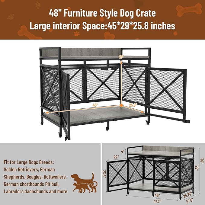 COZPAW 48 Inch Extra Large Furniture Dog Crate | Heavy Duty Wooden Indoor Dog Kennel with Caster Wheels | Decorative Pet House End Table |Light Grey