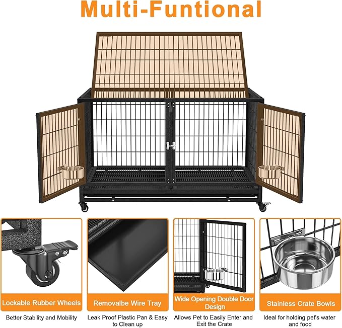 43 inch Heavy Duty Dog Crate for Large Dogs, Stackable Dog Kennels and Metal Wire Cages with Feeding Bowls, Leak-Proof Pans, Removable Wire Trays and Divider, Extra Large XL XXL