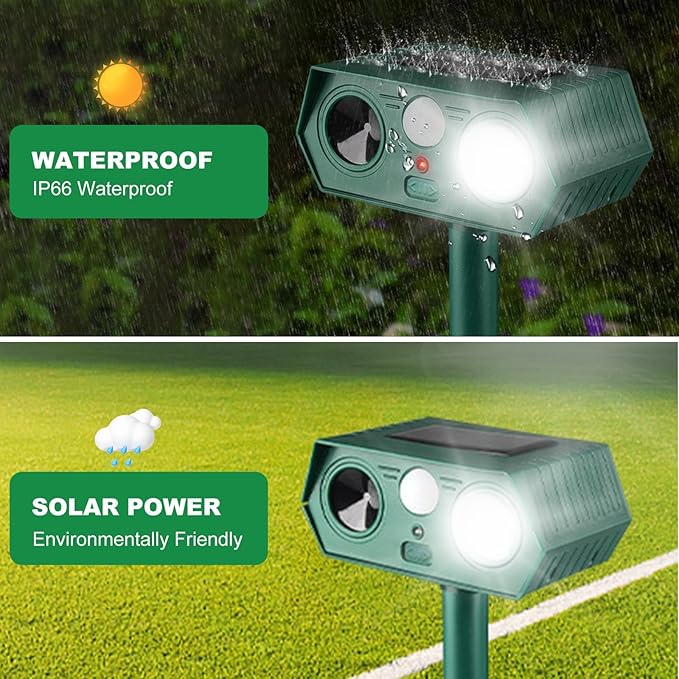 2025 Solar Animal Repellent,Upgraded Ultrasonic Cat Repellent Outdoor,Waterproof Deer Deterrent for Bird Dog Skunk,Squirrels Deterrent with Motion Detection Flash Lights for Outdoor Farm (2 Pack)