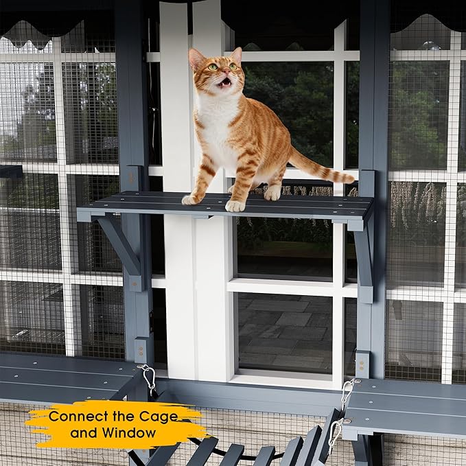COZIWOW 72Inches Large Wood Catio Outdoor Cat Enclosure with Waterproof Roof, Multi-Level Cat House for 2-3 Cats, Spacious Perches, Hammock, and Scratching Post（Grey Fashion Pattern）