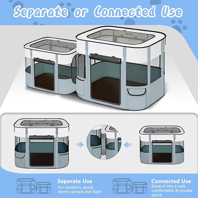 Portable Cat Playpen with Separate Areas, 2-in-1 Puppy Playpen & Cats Cage, Foldable Pet Tent for Indoor and Outdoor Use, Collapsible Tent Kennel Cage House(35.4"x27.6"x27.6", White & Grey)