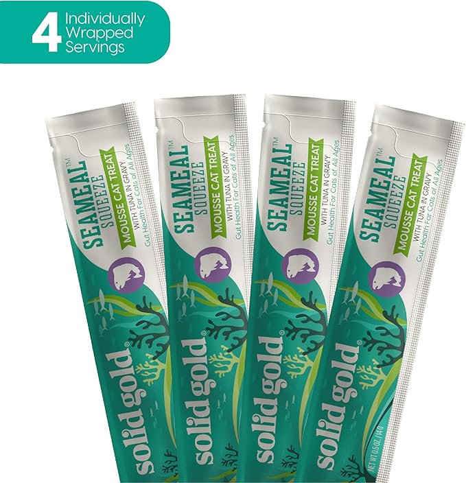 Solid Gold SeaMeal Squeeze Tuna Lickable Cat Treats with Seaweed for Skin & Coat - Wet Cat Treats with Digestive & Immune Health Support - Natural, Holistic, Grain Free (48 Squeezes)