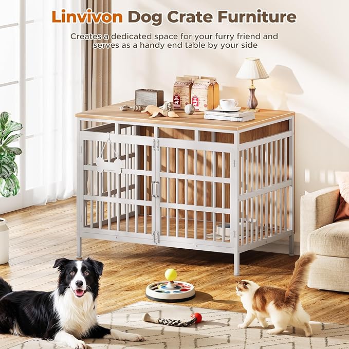 Extra Large Dog Crate Furniture, Heavy Duty Dog Kennel for Small Medium Large Dogs, Double Doors Indoor Decor Pet House Cage, Anti Escape Wooden Dog Cage with Name Tag End Table, TV Stand, Beige