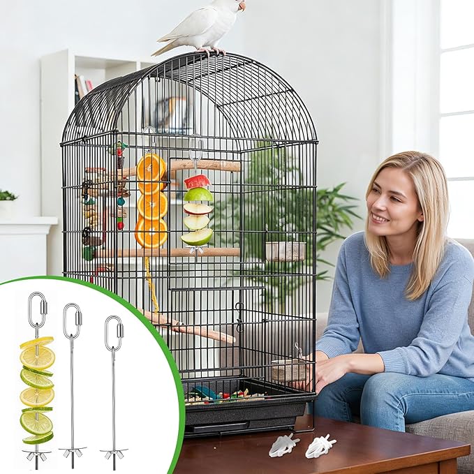 6 PCS Bird Treats Skewer, Parakeet Hanging Food Holder, Bird Cage Food Holders, Stainless Steel Fruit Vegetable Stick Holder for Hanging Birds Foraging Toys for Macaw Parakeet Budgie (3 Sizes)
