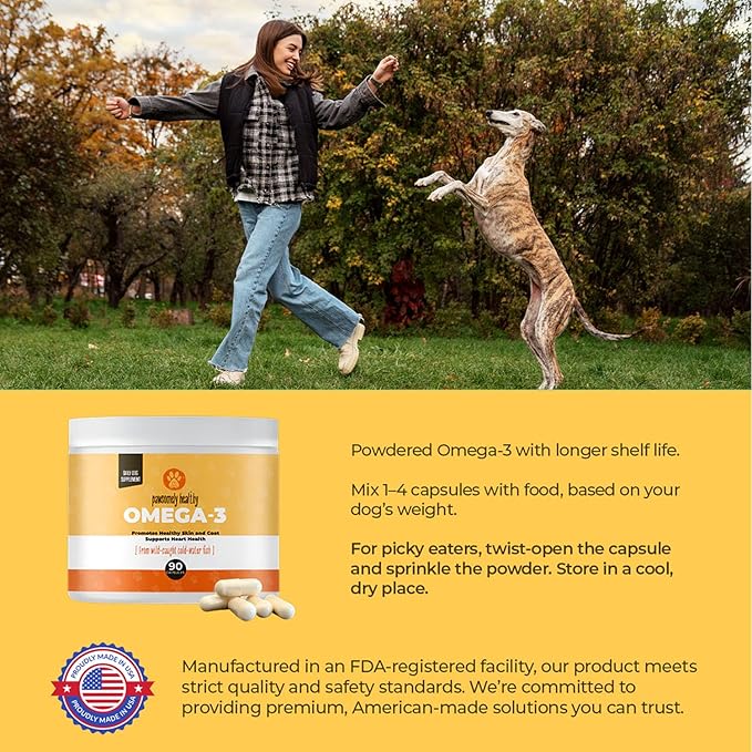 Pawsomely Healthy Omega-3 Fish Oil for Dogs – Wild Caught Anchovy Oil – High EPA & DHA – Supports Skin, Coat, Joints, Heart – Reduces Itching, Shedding, Allergies – Vet Approved – 90 Powder Capsules