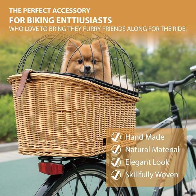 Rear Bike Basket for Dogs, Wicker Pet Bicycle Carrier for Small Dog Cat with Protective Grille Liner Eco Friendly Natural Rattan Doggy Back Luggage Rack Seat (Brown Style1)