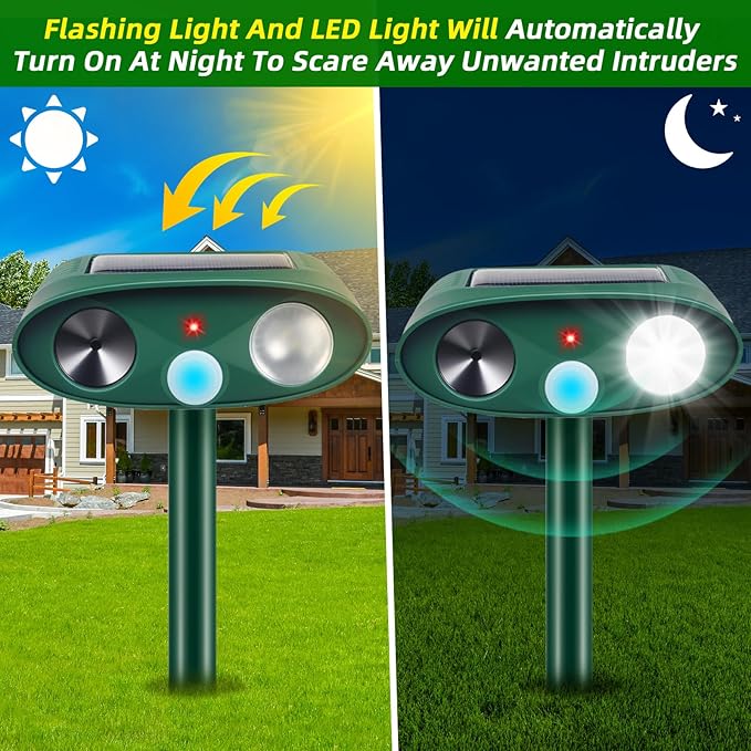 2Pack Solar Ultrasonic Animal Repellent Outdoor with Motion Detection&Flash Light,USB Rechargeable Waterproof Cat Repellent Outdoor Keep Deer Squirrel Rabbit Opossum Raccoon Away for Yard Garden Lawn