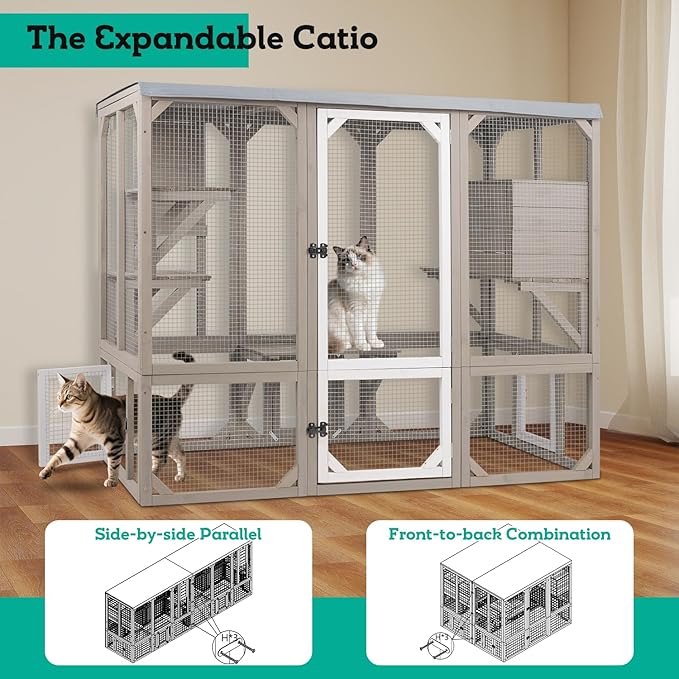 118" Large Catio Outdoor Cat Enclosure, Weatherproof Cat Patio Enclosures for Multiple Cats, Outside Kitty Cage Catio Window Access with 8 Jumping Platforms & 2 Resting Rooms