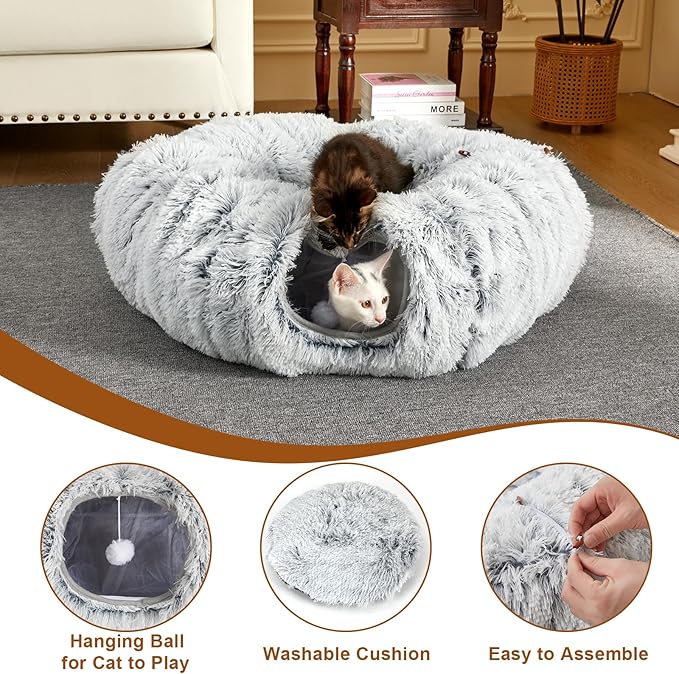 Cat Tunnel,Peekaboo Cat Cave Bed for Indoor Cats Cat Donut Tunnel for Pet Cat House Detachable Round Cat Felt & Washable Interior Cat Play Tunnel (Grey, 32in)
