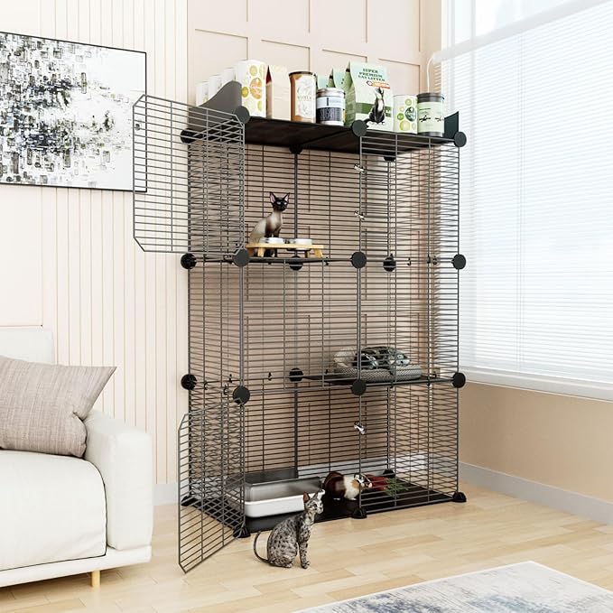 2 Tier Cat Cage Indoor, Big Wire Cat Cage Kennels Enclosures DIY Playpen Crates, Pet Pen C&C Cage for 1-2 Cats Kittens