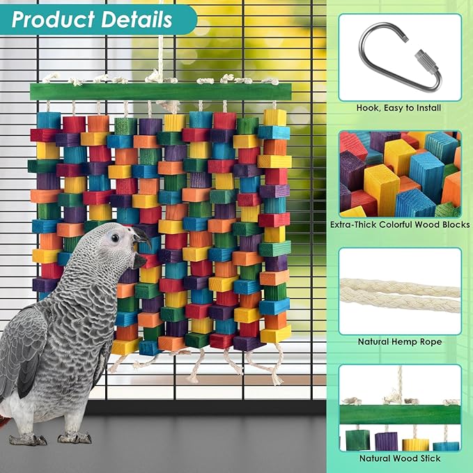 Large Bird Toy, 20in Parrot Toys for Cage, Multicolored Natural Chew Wooden Blocks for Medium to Large Macaws, Amazon, African Grey, Cockatoos