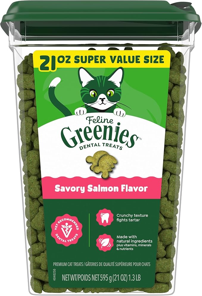 Greenies Cat Treats, Feline Veterinarian-Recommended Adult Natural Dental Cat Treats, Savory Salmon Flavor, 21 oz. Tub