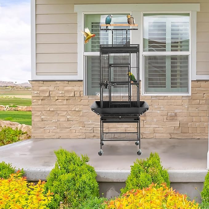 Wrought Iron Rolling Large Parrot Bird Cage,65-inch Wrought Iron Large Rolling Bird Cage with Play Top and Stand for Parrots Lovebird Cockatiel Parakeets, Black