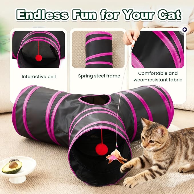 Love’s Cabin Cat Tunnel for Indoor Cats, 3-Way Collapsible Play Tunnel with Teaser Wand, Peek Holes & Toy Ball, Small Pet Toy for Kittens & Rabbits, Black & Rose Red, Small Size