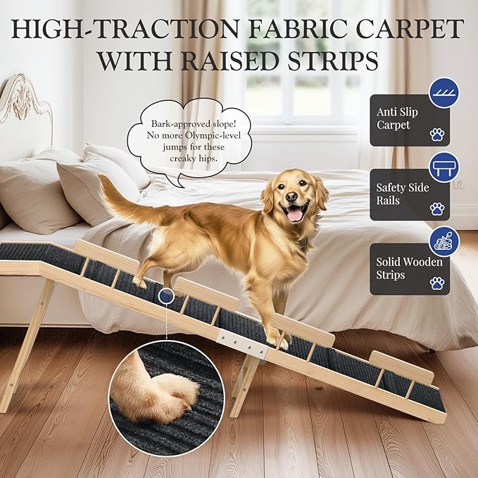 Easyego Foldable Dog Ramp for Bed and Couch, 74" Wood Pet Ramp with Side Rails and High Traction Carpet, 22° Gentle Long Slope, Top Landing Platform, Supports up to 200 LBS for Senior Dogs - Natural