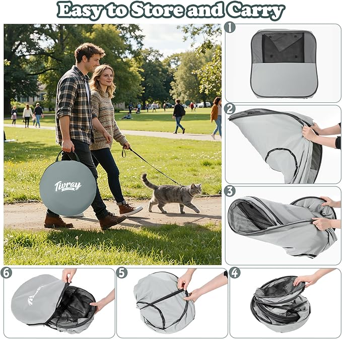 Cat Playpen, 3-in-1 Pop-up Outdoor Cat Enclosure with 2 Rooms 1 Tunnel, Breathable Pet Playpen for Indoor Outdoor Use, Portable Catio Tent with Carry Bag for Kitten Rabbit Small Animals, Gray