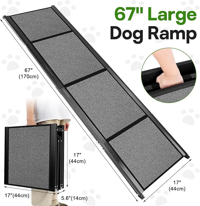 Dog Ramp for Car 67''x 17'', Dog Car Ramp, Folding Large Dog Ramp for Stairs, Pet Ramp Up to 300LBS, Keep from Sliding, 5s Installation, Dog Stairs for Truck SUV Truck LKW Side Door Back Seat